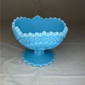 Vintage Fenton Blue Milk Glass Satin Footed Pinwheel Bowl
